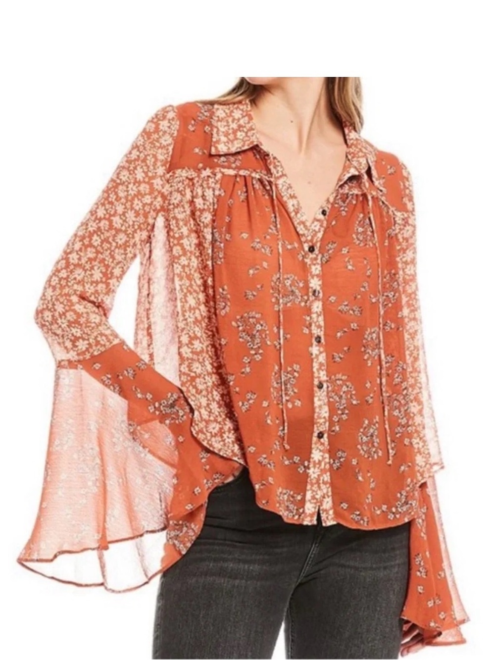 Free People Floral Bell-Sleeve Button Front Top